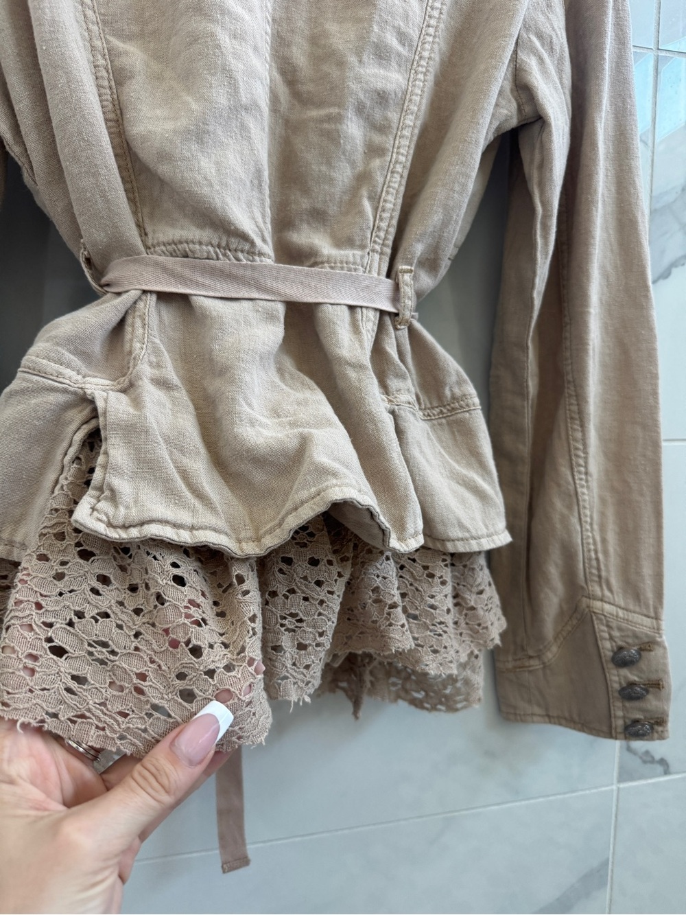 Free People Emilia Utility Jacket with lace trim & tie waist details - size L - Picture 5 of 9